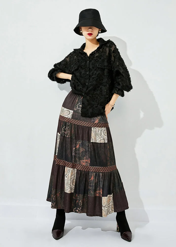 Women Brown Print Patchwork Wrinkled Silk Skirts Summer