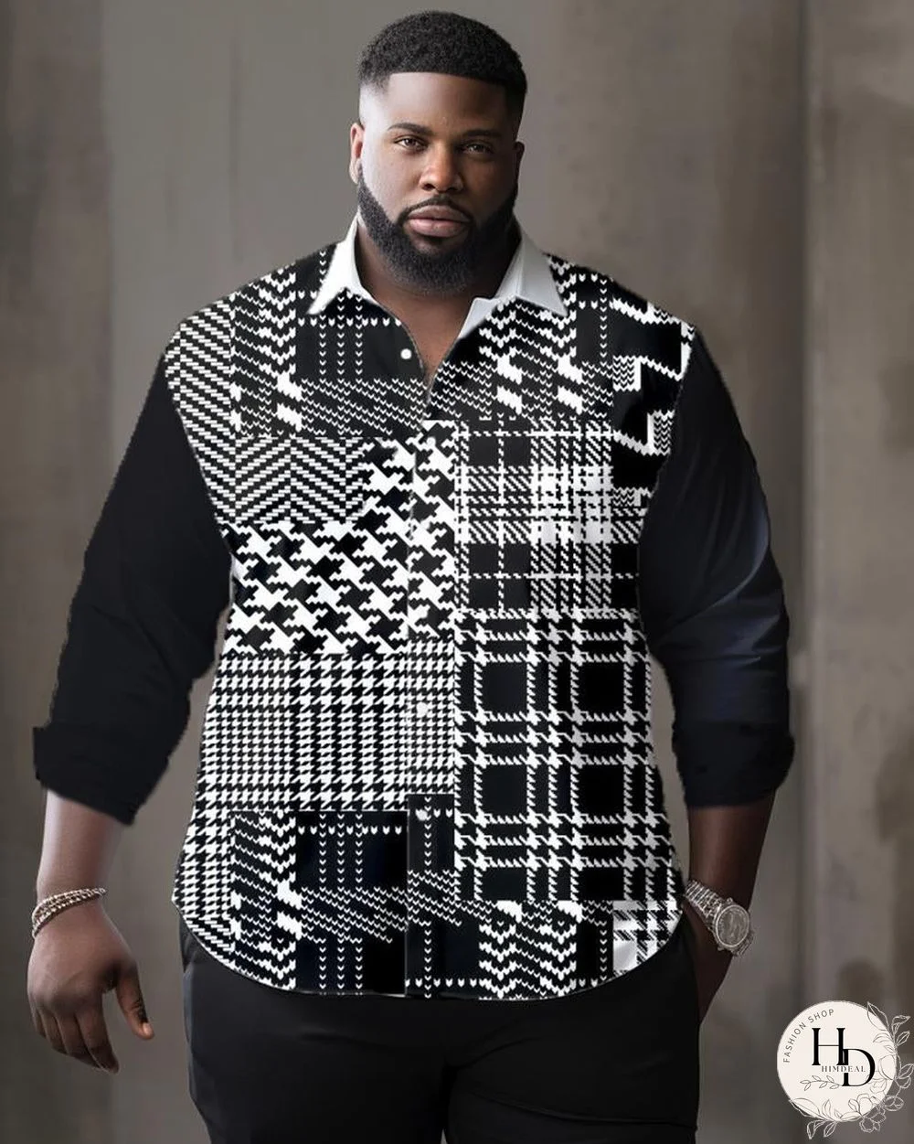 Color Block Houndstooth Retro Personalized Print Long Sleeve Plus Size Shirt