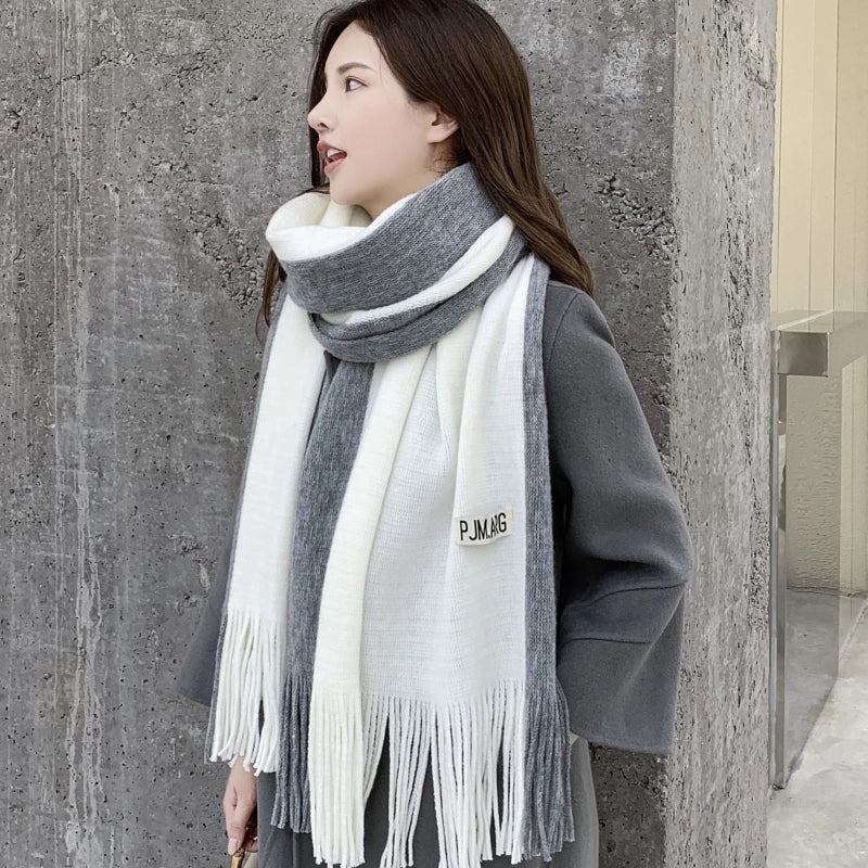Imitation Cashmere Scarf Women's Autumn And Winter Color-blocking Warm Japanese And Korean Style Couple Thickened Scarf Two-color Tassel Scarf