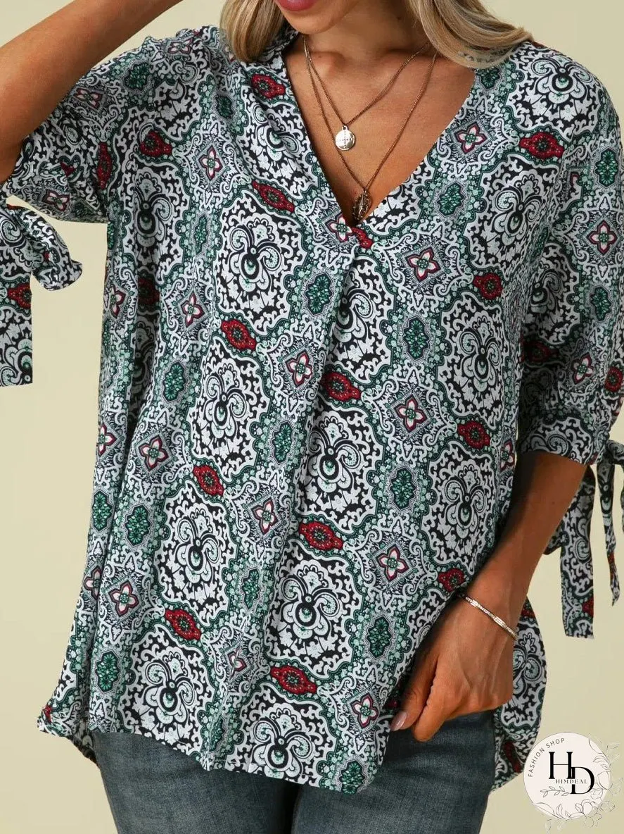 Blouses Printed Stand Collar Mid-Sleeves Knotted Blouse for Women