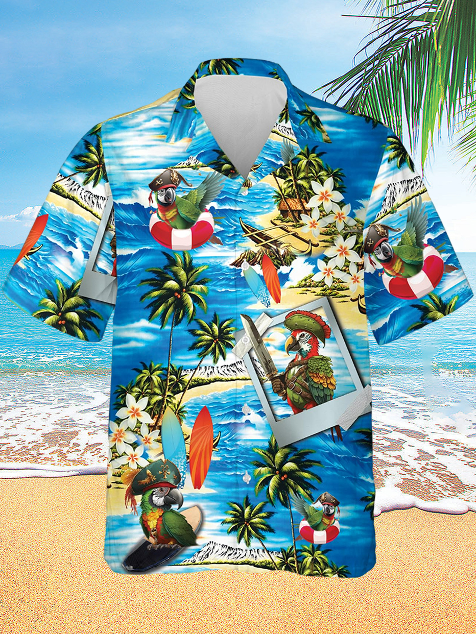 Men's Fun Parrot Hawaiian Surf Print Holiday Short Sleeve Shirt PLUSCLOTHESMAN