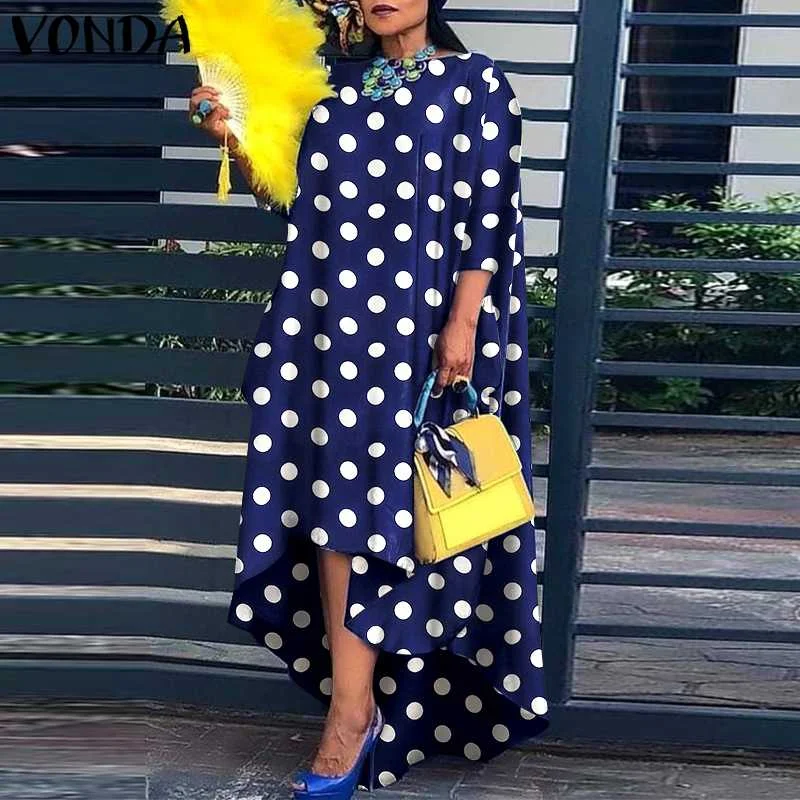 Women Vintage Polka Dot Midi Dress 2022 VONDA Sexy 3/4 Sleeve Party Dresses Behemian Asymmetric Hem Party Vestido Oversized Robe