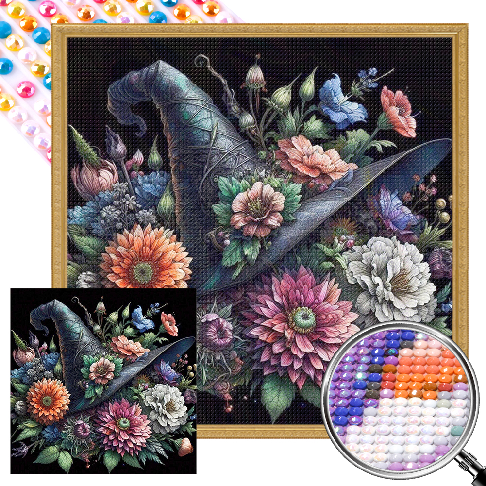Flower Witch Hat 40*40cm(picture) full round drill diamond painting with 3 to 5 colors of AB drills