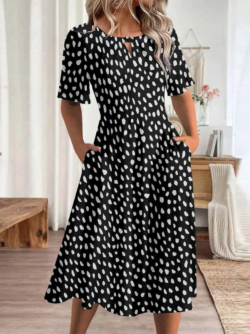 Women Polka Dot,Black DZHA8151 Short Sleeve Scoop Neck Graphic Printed Hollow Midi Dress