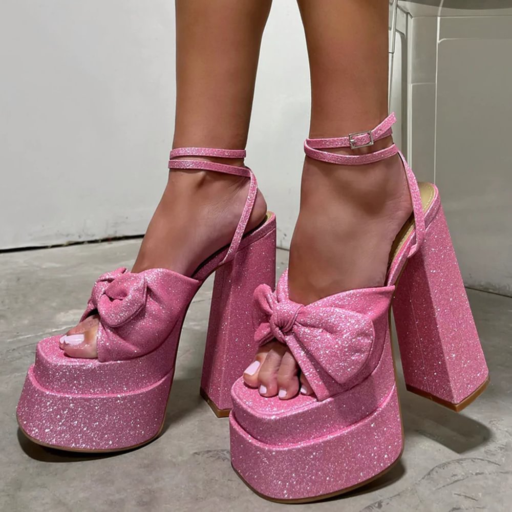 Pink Square Toe Platform Sandals Bow Decor Slingback Chunky Heels Nicepairs