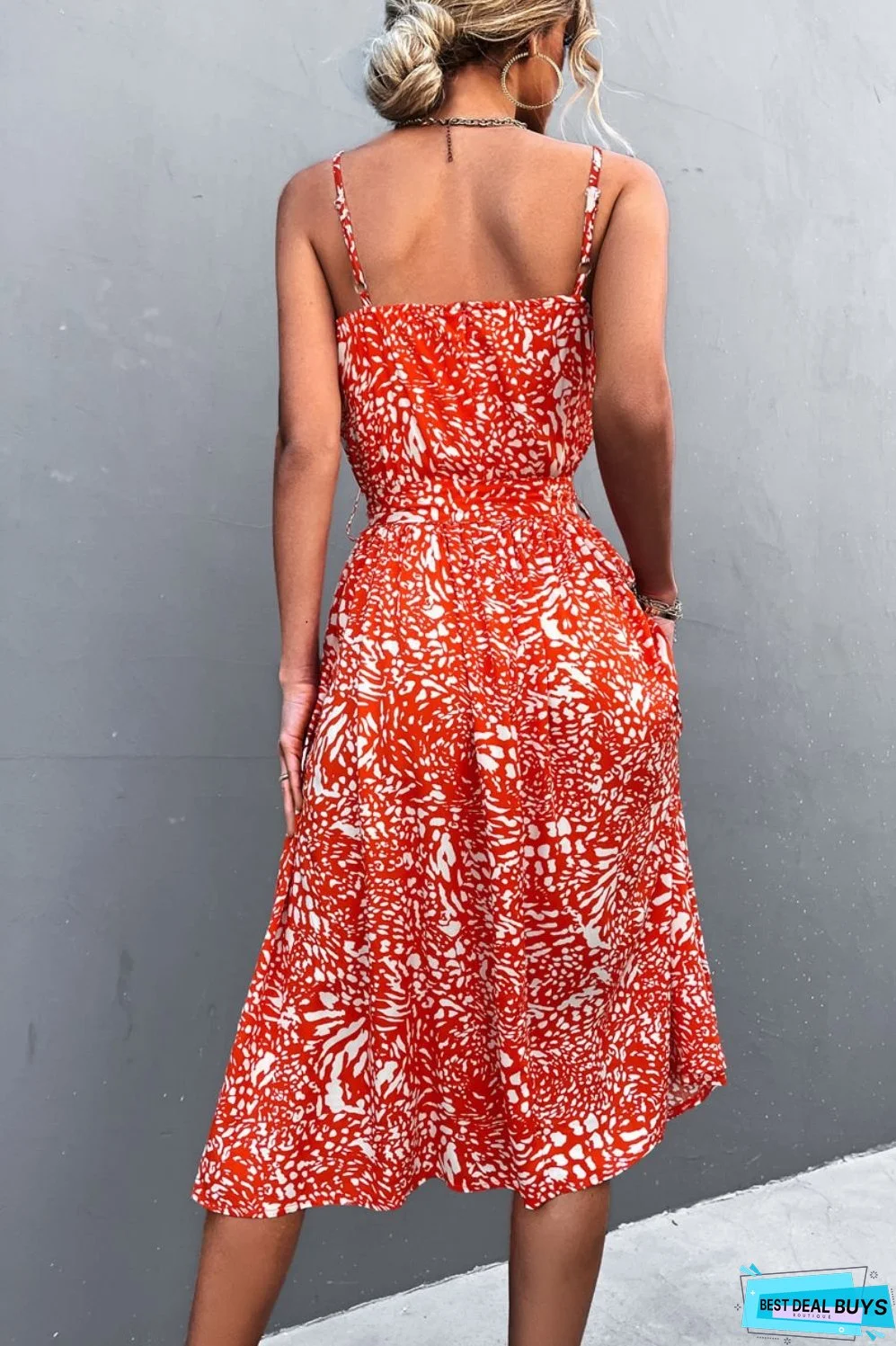 Printed Spaghetti Strap Decorative Button Belted Dress