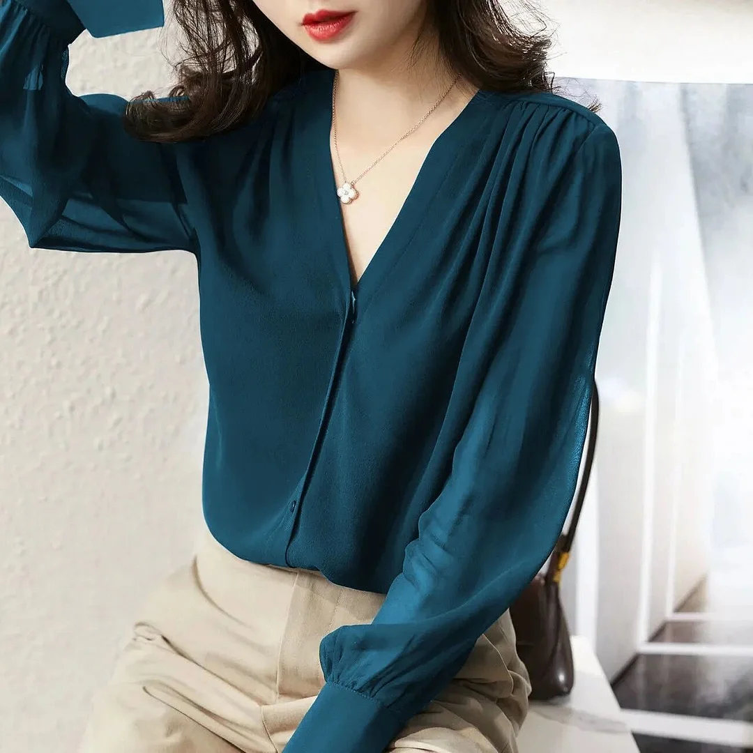 2023 French Casual Solid Women Tops Elegant Loose Blouse Women Long Sleeve Shirt V-neck Button Up Top Blusas Silk Cardigan