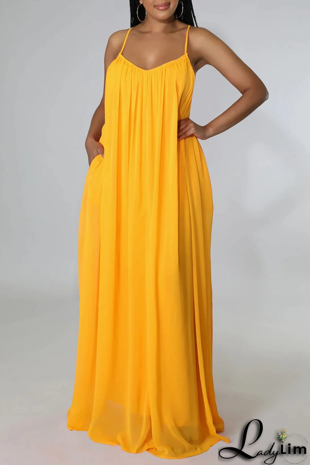 Yellow Casual Solid Split Joint Backless Spaghetti Strap Sling Dress Dresses