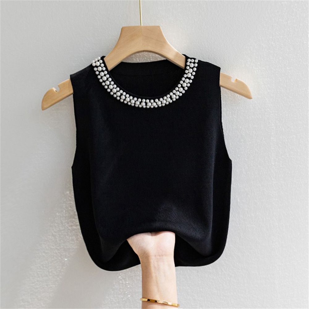 Ballifyex New Korean Knitted Vests Women Top Solid Tank Summer New Fashion Female Sleeveless Beading Casual Thin Basic Tops Women Clothes