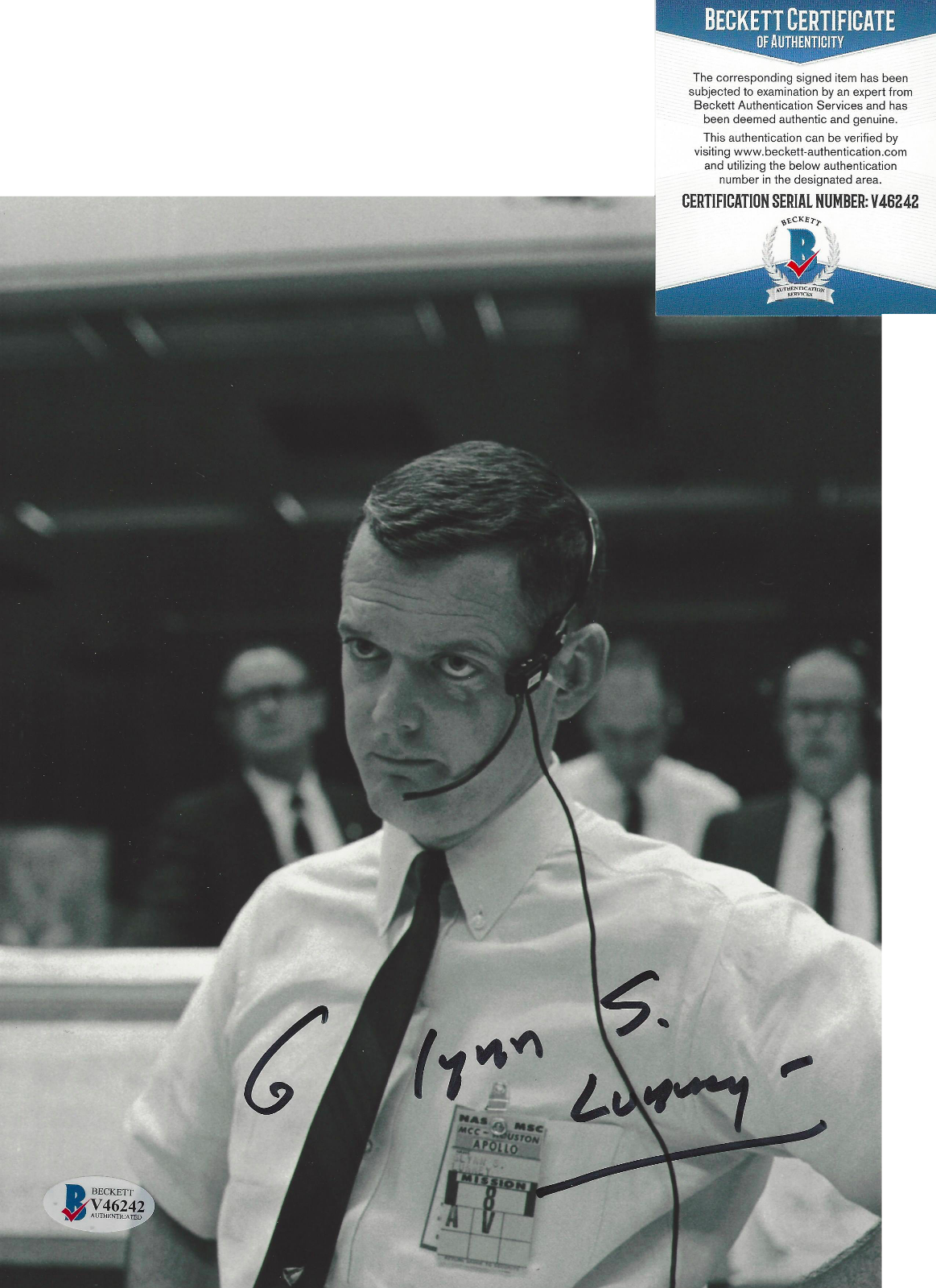 GLYNN LUNNEY NASA APOLLO 11 13 FLIGHT ENGINEER SIGNED 8x10 Photo Poster painting BECKETT BAS COA