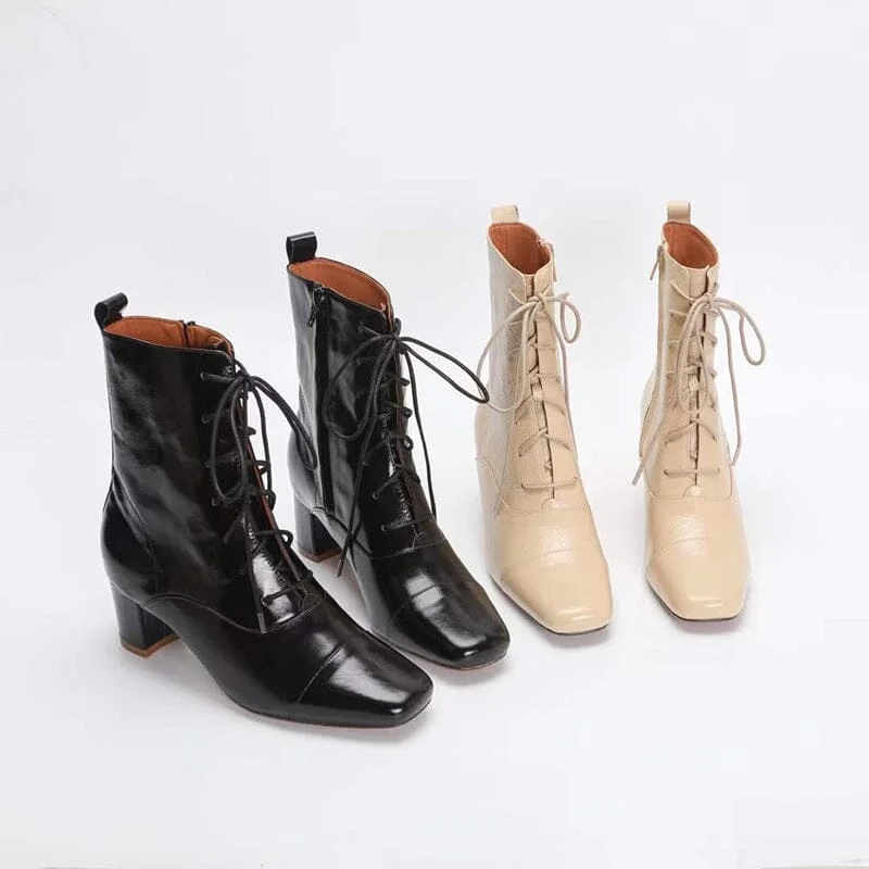 Lace-up Leather Ankle Boots Nude Slimming Boots Elegant Glove-Like Retro Boots Block Heel