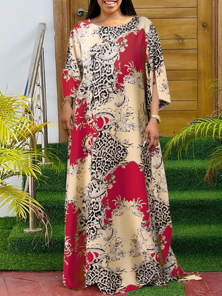 Leopard Print Split Round Neck Maxi Dress SKUJ33159 QueenFunky