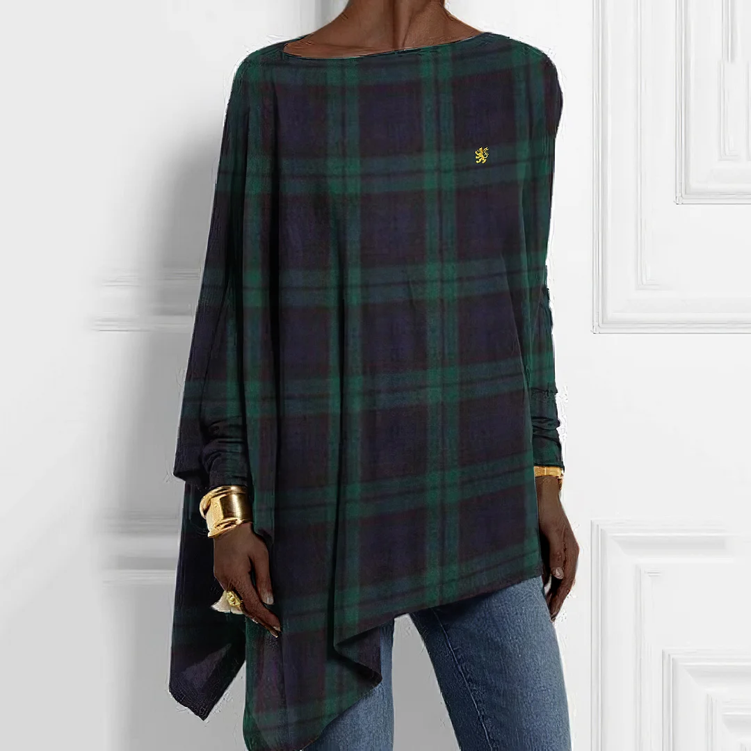 Vintage Scotland Lion Embroidered Plaid Loose Irregular T-Shirt