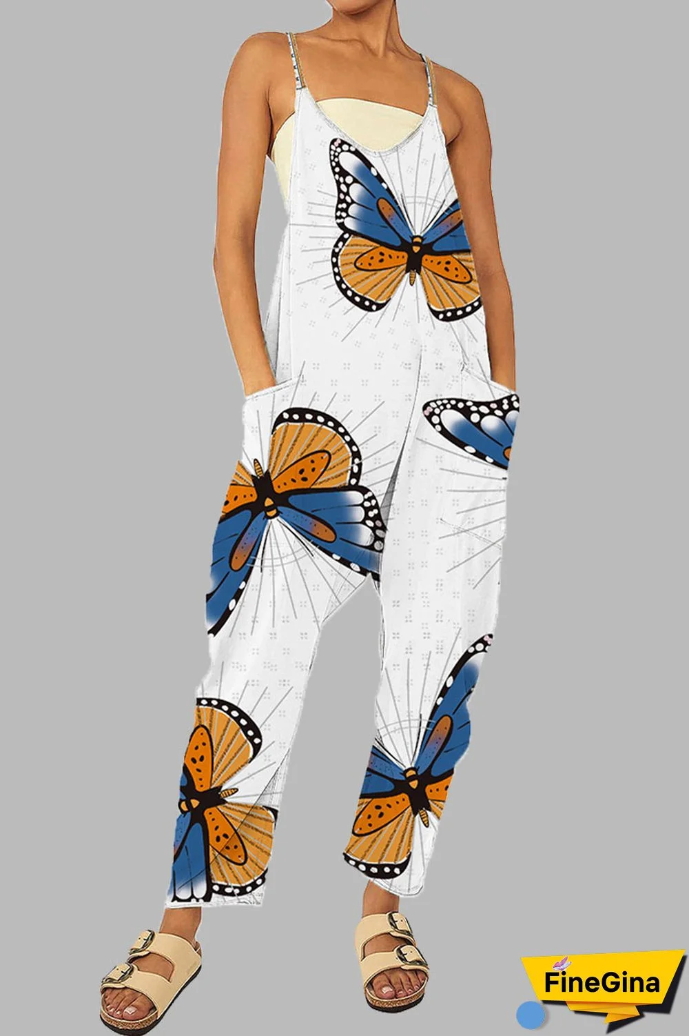 Black khaki Casual Gradual Change Print Patchwork Pocket Zipper Spaghetti Strap Loose Jumpsuits