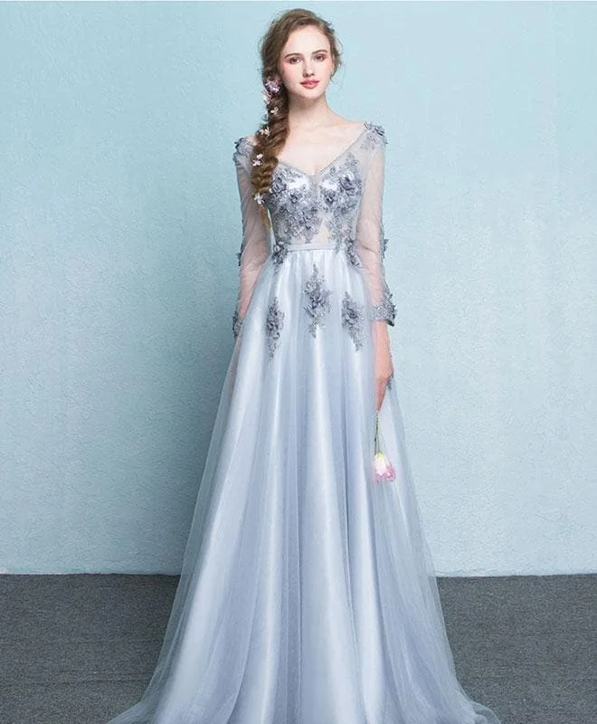Gray V Neck Tulle Long Prom Dress, Long Sleeve Evening Dress