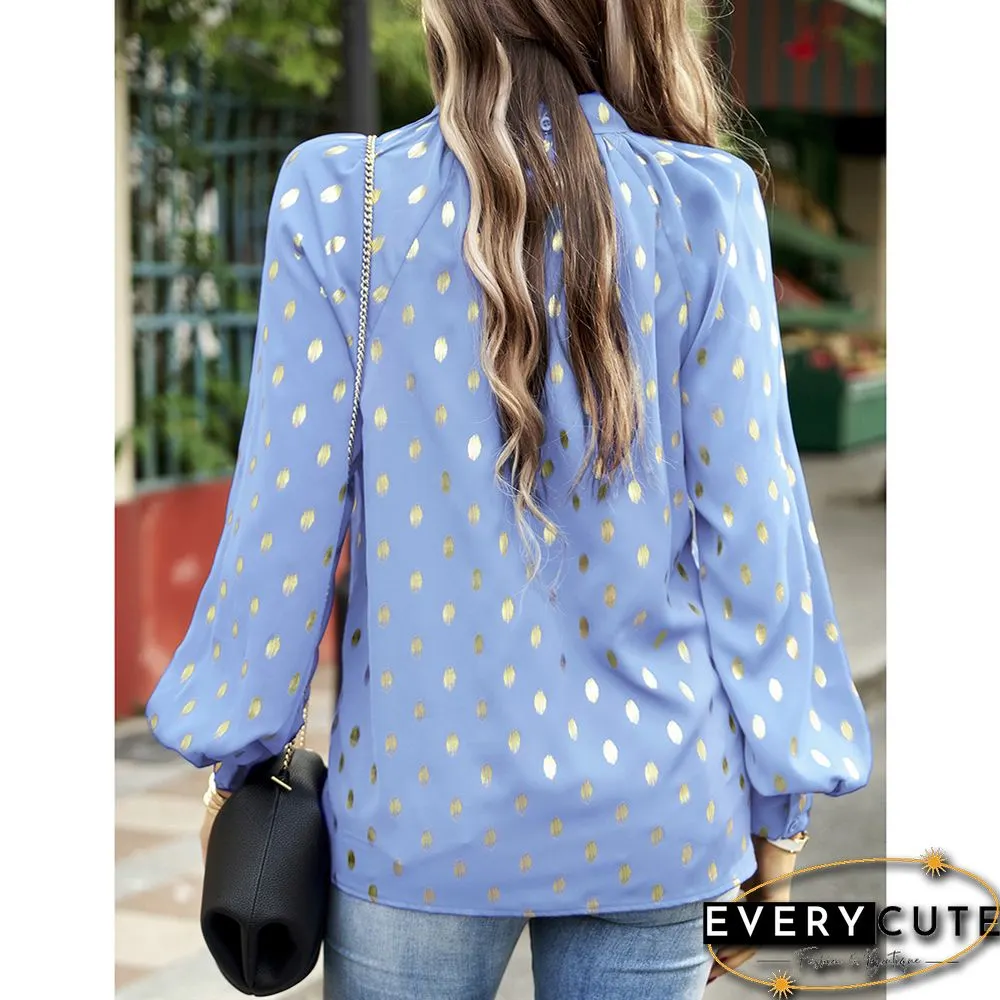 Light Blue Notched Neck Pleated Cuffs Long Sleeve Tops