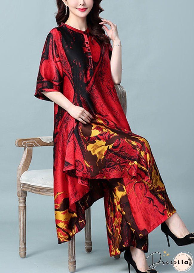 French Red Asymmetrical Design Print Silk Dress And Wide Leg Pants Two Pieces Set Summer