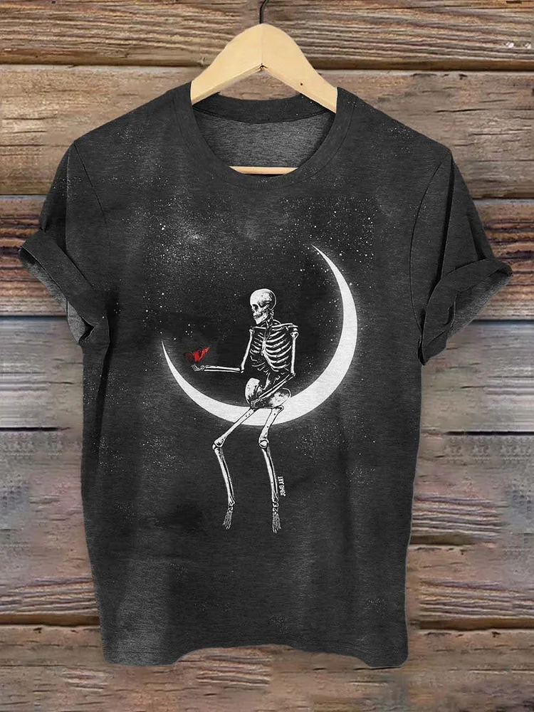 Punk Skull And Moon Butterfly Art Pattern Print T-shirt