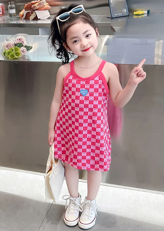 Cute Pink O-Neck Print Girls Slip Mid Dress Summer