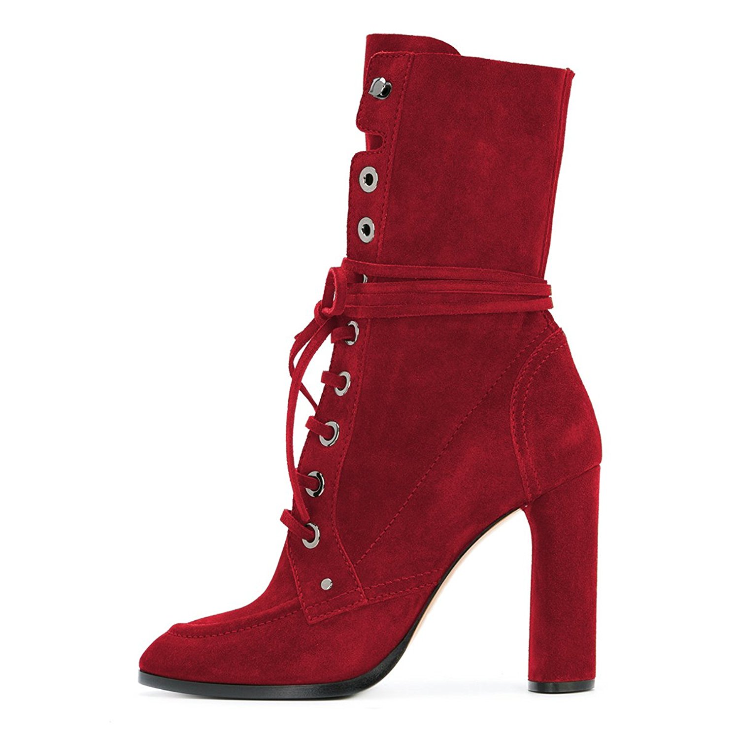 GOOSHOE Red Suede Lace Up Mid Calf Chunky Heel Boots in Round Toe Style