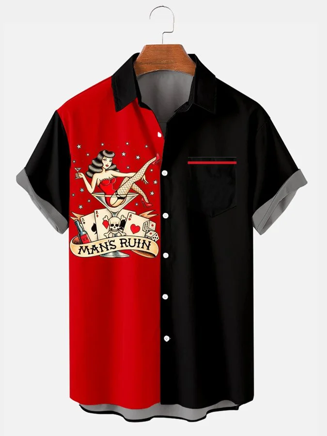 Mens Contrast Color Hawaiian Shirt With Pockets
