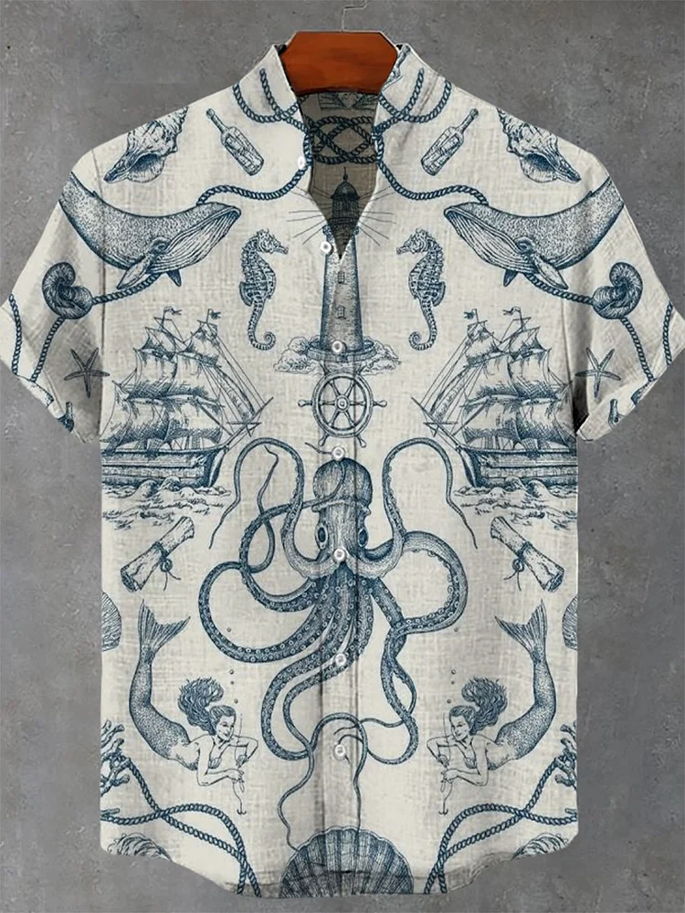 Japanese Art Undersea Creatures & Sailing Ships Print Casual 100% Cotton Shirt