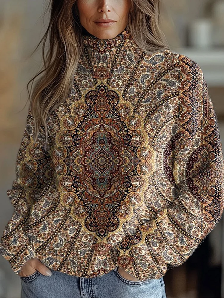 Vintage Symmetrical  Flowers Print Knit Turtleneck Pullover Sweater