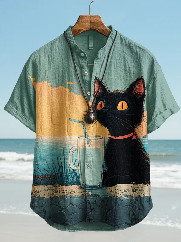 Men's Cat Drinks Milk Print Short Sleeve Shirt