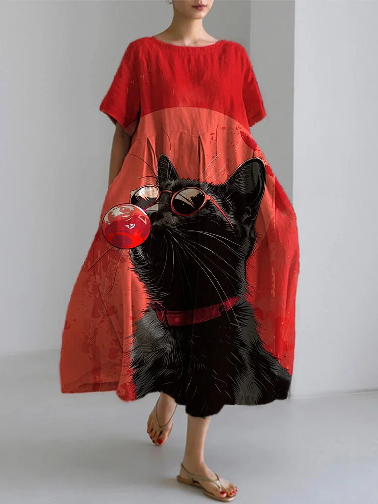 A Cat Wearing Sunglasses Oil Painting Print Dress