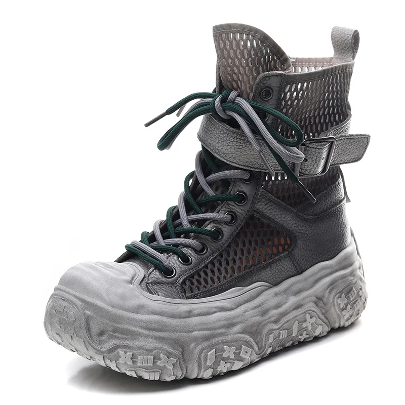 Yyvonne Layer Kraft Breathable Mesh Martin Boots 2025 Summer New Hollow Cool Boots Leisure Thick-Bottomed High-Top Sandals