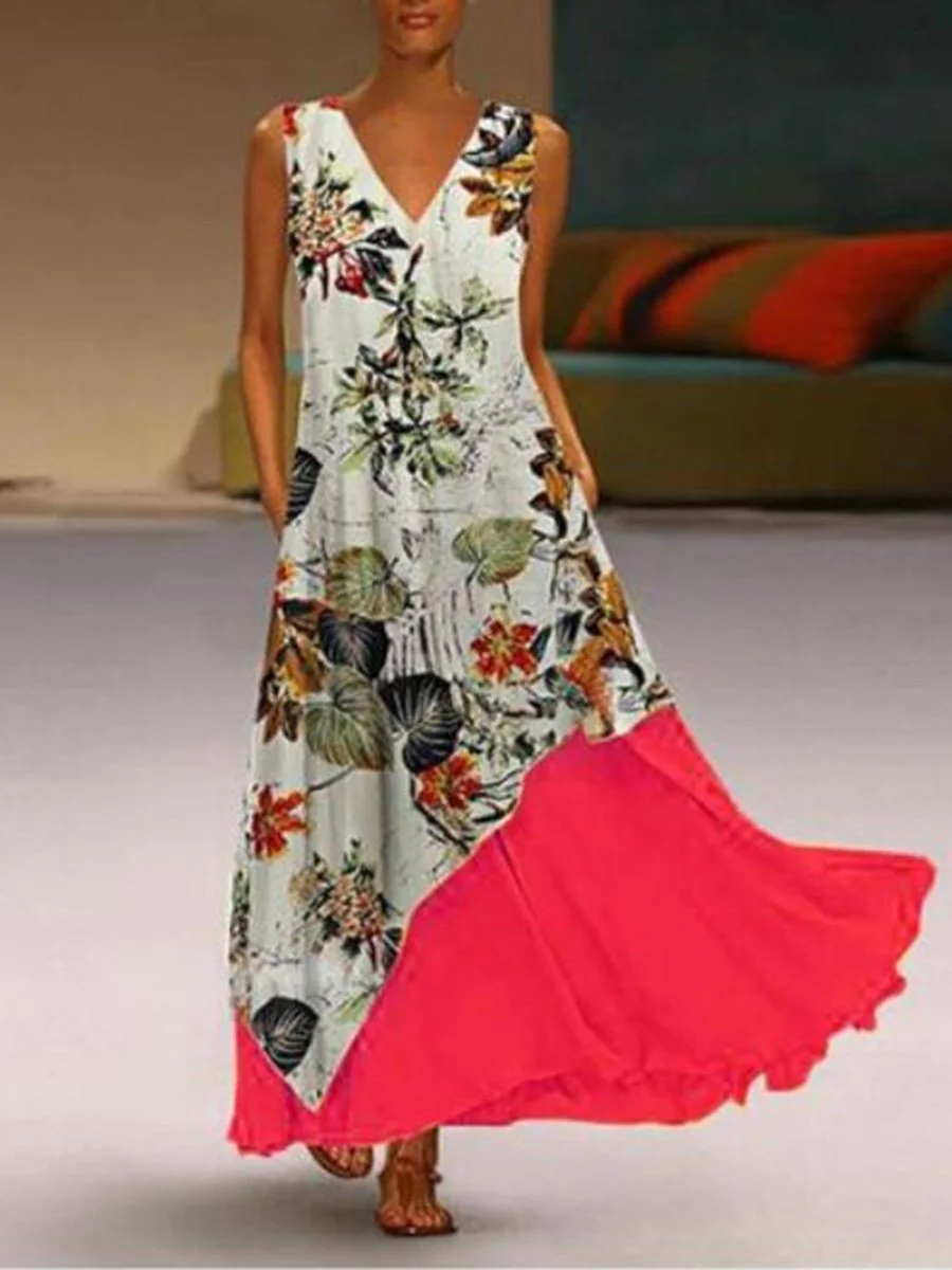 V-Neck Floral Splicing Sleeveless Two-piece Maxi Dress