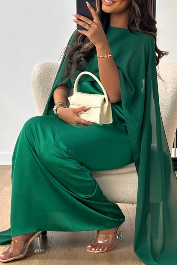 Elegant Solid Color Chiffon Cape Shift Maxi Dress