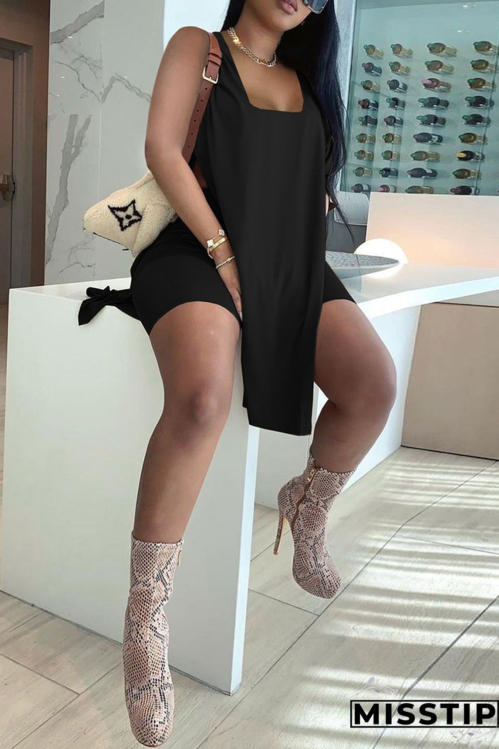 Black Fashion Casual Solid Slit U Neck Sleeveless Two Pieces