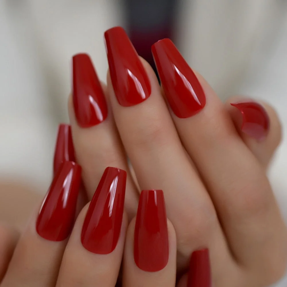 Classical China Red Ballerina Press On Nails Slim Tapered Shape Shiny Glossy Fingernails 24-Nail Inspo