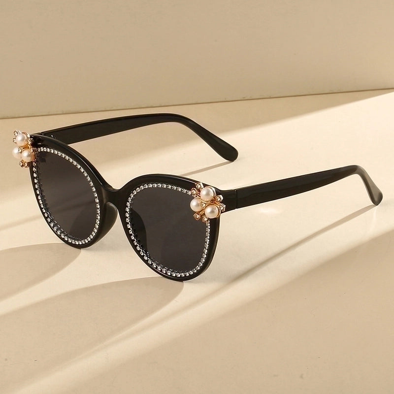 Elegant Color Block Pc Cat Eye Inlaid Pearls Inlaid Zircon Full Frame Women’s Sunglasses