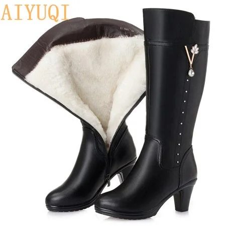 Women's winter boots 2021 new genuine leather female boots size 43 warm high-heeled wool boots women trend riding boots women