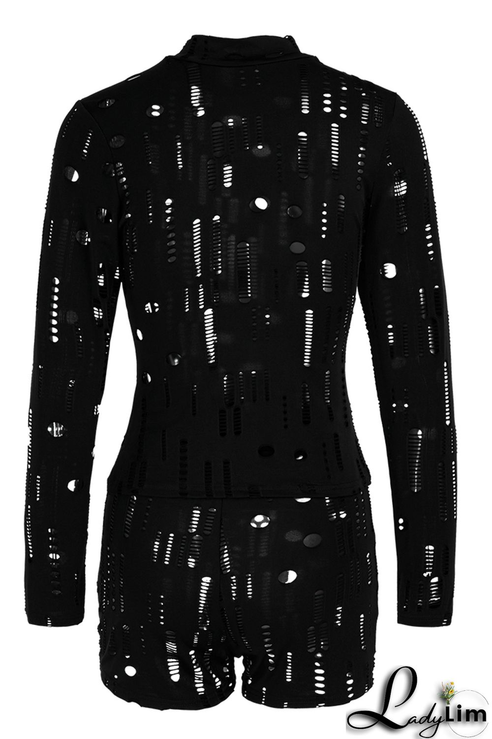 Black Fashion Sexy Solid Ripped Half A Turtleneck Long Sleeve Two Pieces