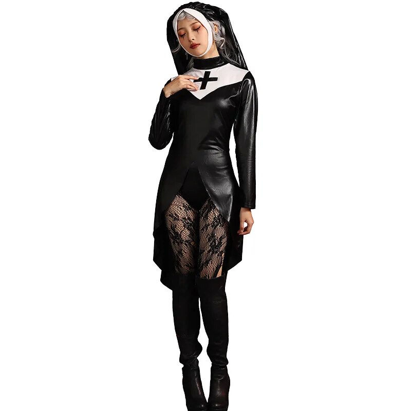 [Wetrose] Halloween Nun Leather Latex Cosplay Costume Bodysuit Cross for Women Party Carnival