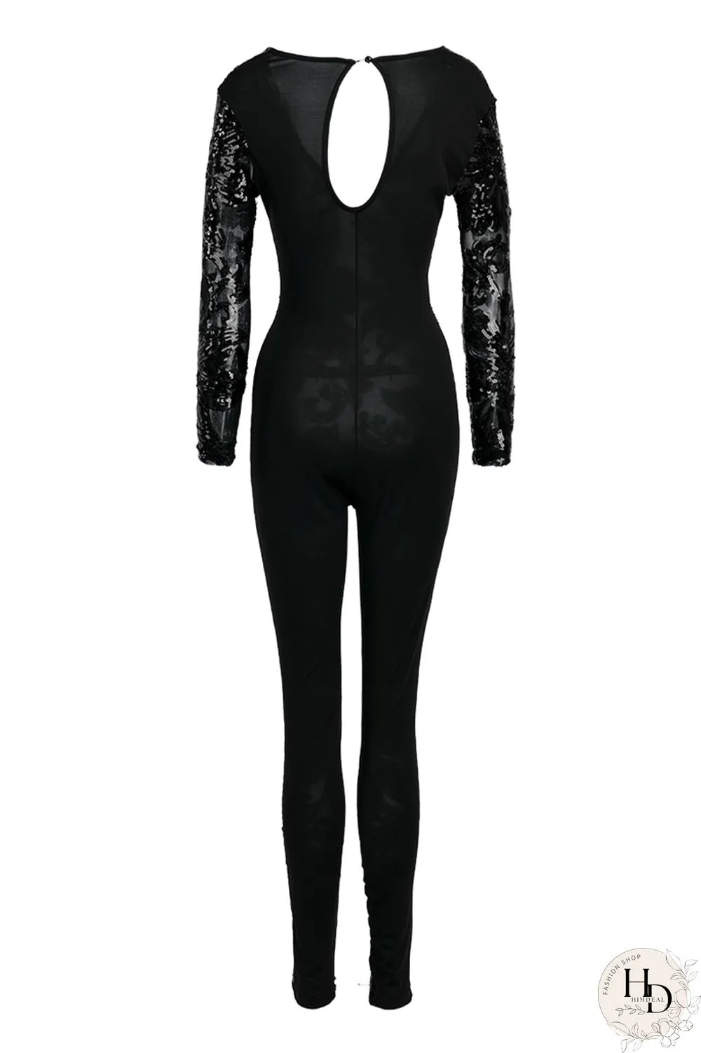 Black Fashion Sexy Patchwork Sequins V Neck Plus Size Jumpsuits