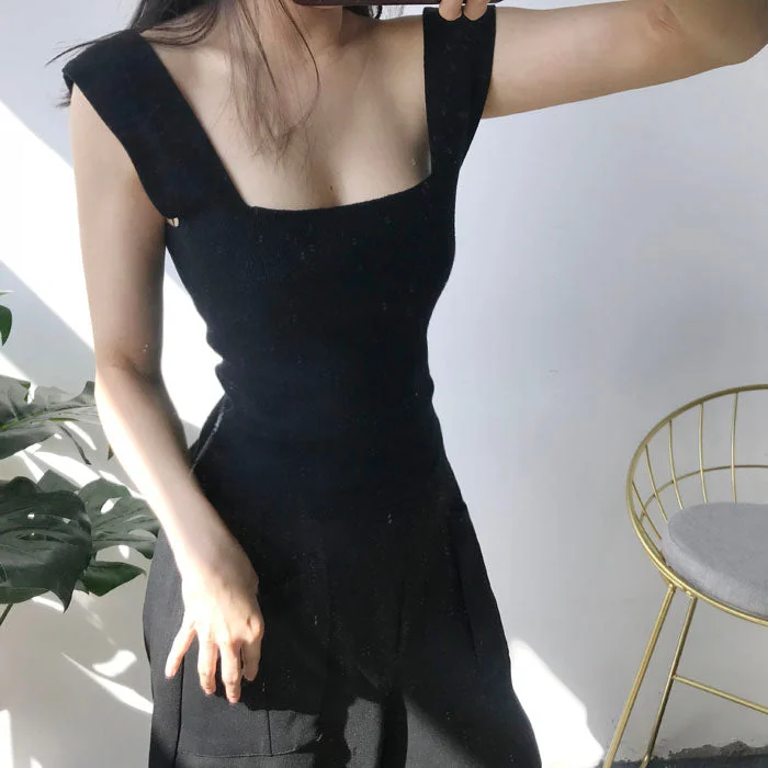 2020 Summer New Sexy Knitting Square Collar Large Elastic Low-chest Slim Fashion Strap Top Vintage Solid Color Tank QV08