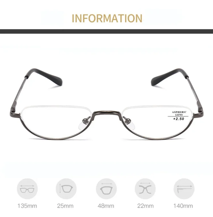 Stainless Steel Half Frame Alloy Small Portable Oval Reading Glasses +0.75 +1 +1.25 +1.5 +1.75 +2 +2.25 +2.5 +2.75 to +4