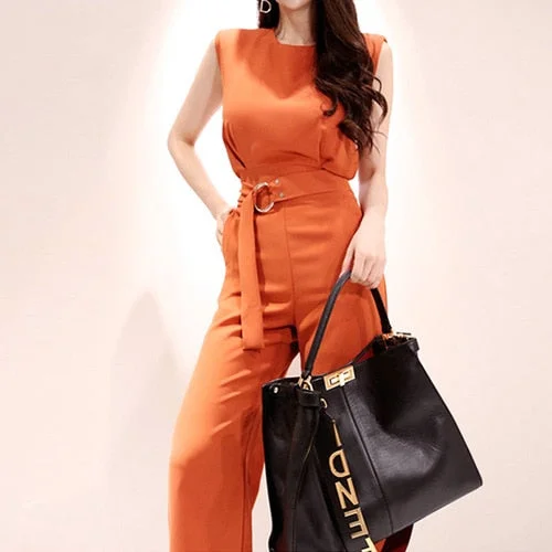 Women Summe Office Lady Jumpsuit Casual Tight Waist Fashion Orange Wide Leg Jumpsuit