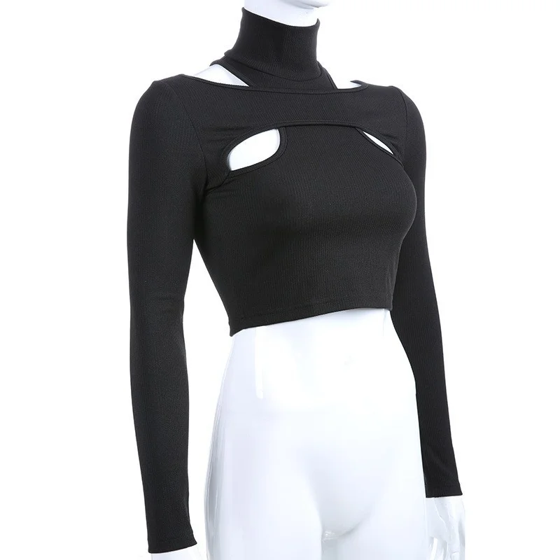 Uveng Uveng Careful Machine Hollow Out Off-Shoulder Undershirt Women's Short Crop T-Shirt Slim Fake Two Tops Tide