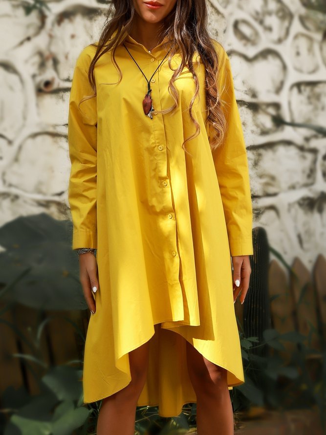Yellow Shift Vintage Cotton Shirt Collar Dresses Zaesvini