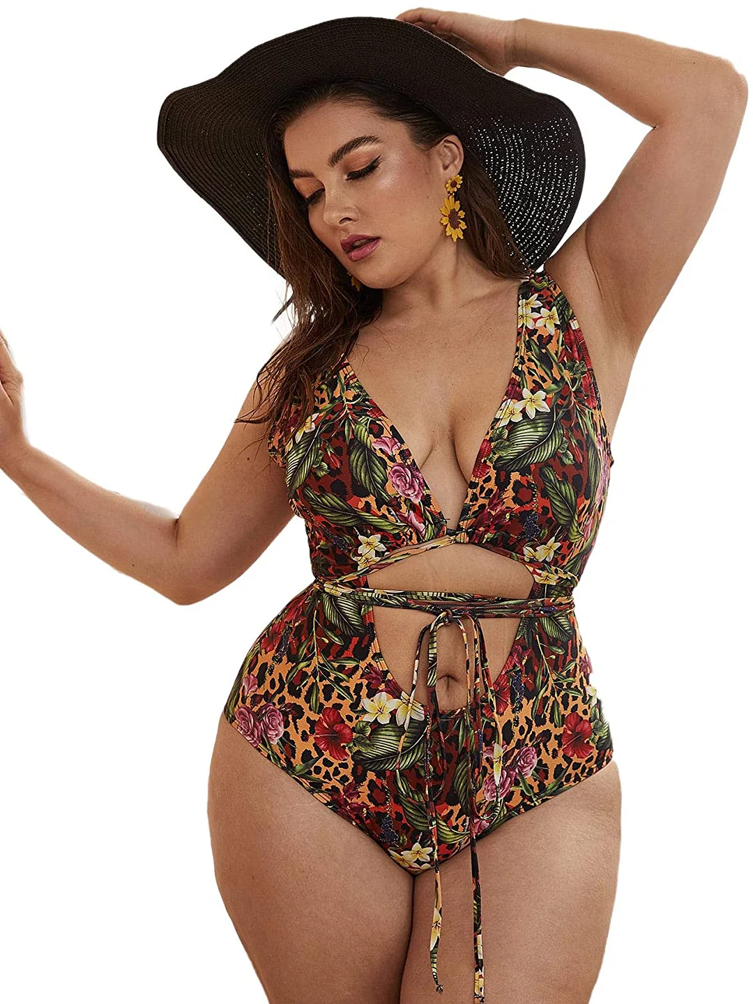 Women's Plus Size Tropical Print V Neck One Piece Swimsuit