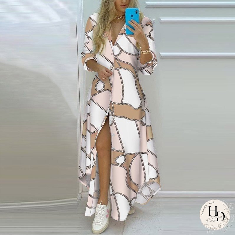 New Spring Summer Striped Split Maxi Dress Casual Turn-Down Collar Button Shirt Long Dress Women Elegant Long Sleeve Party Dress