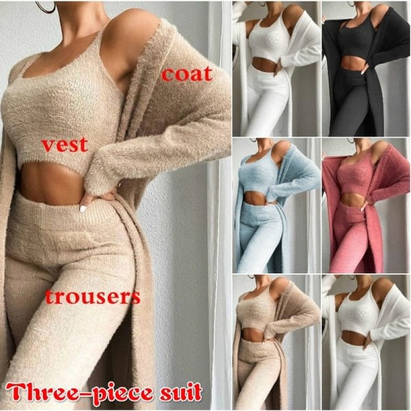 Winter Women's V-neck Plush Short Vest Cardigan Trousers Three-piece Casual Warm Cotton Long Cardigan Trousers Pajama Set - BlackFridayBuys
