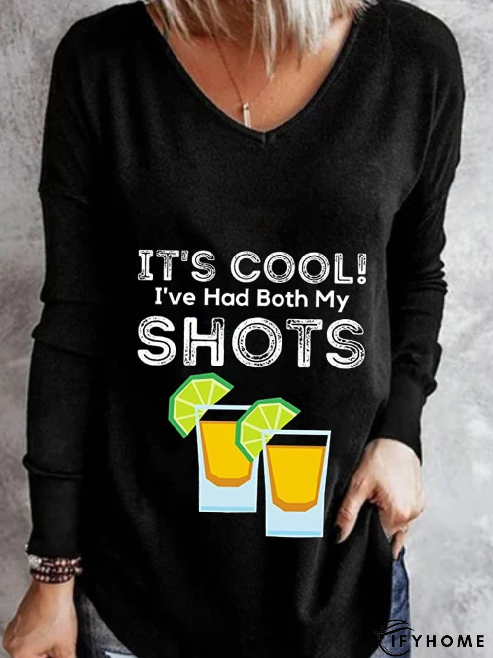 Casual Long Sleeve V Neck Plus Size Printed Tops T-shirts | IFYHOME