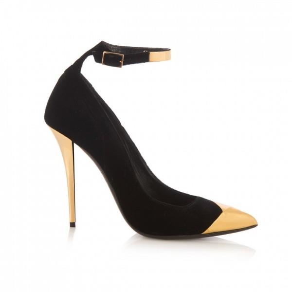  Black and Gold Ankle Strap Heels Stilettos Pumps Metallic Heels