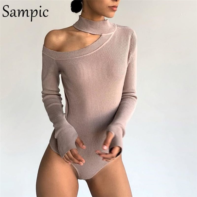 Sampic Fashion Autumn Sexy Women Casual Turtleneck White Knitted Basic Bodysuit Tops Hollow Out Skinny Off Shoulder Body Suit